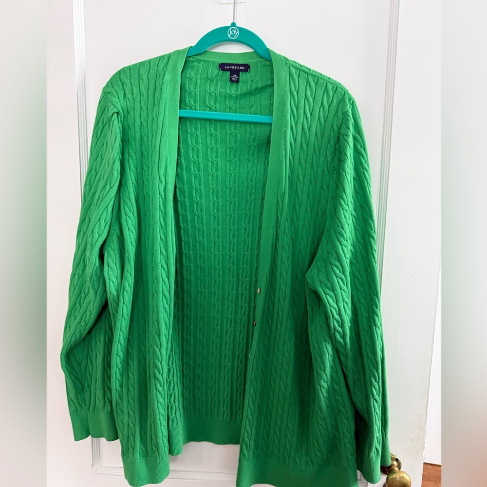 Land's End green cable cardigan - bright green. Super soft.